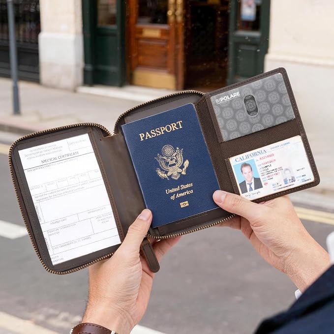 Polare Leather Pilot Wallet Passport Holder RFID Blocking Tri-fold Travel Cover Document Organizer for Aviation Professionals (Dark Brown(YKK Zipper with AirTag Slot))