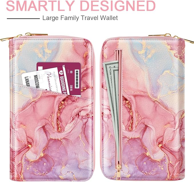 Family Passport Holder Wallet RFID Blocking Document Organizer | PU Leather Mulit-purpose Travel Wallet Credit Cards Case for Women Men, Pink Marble