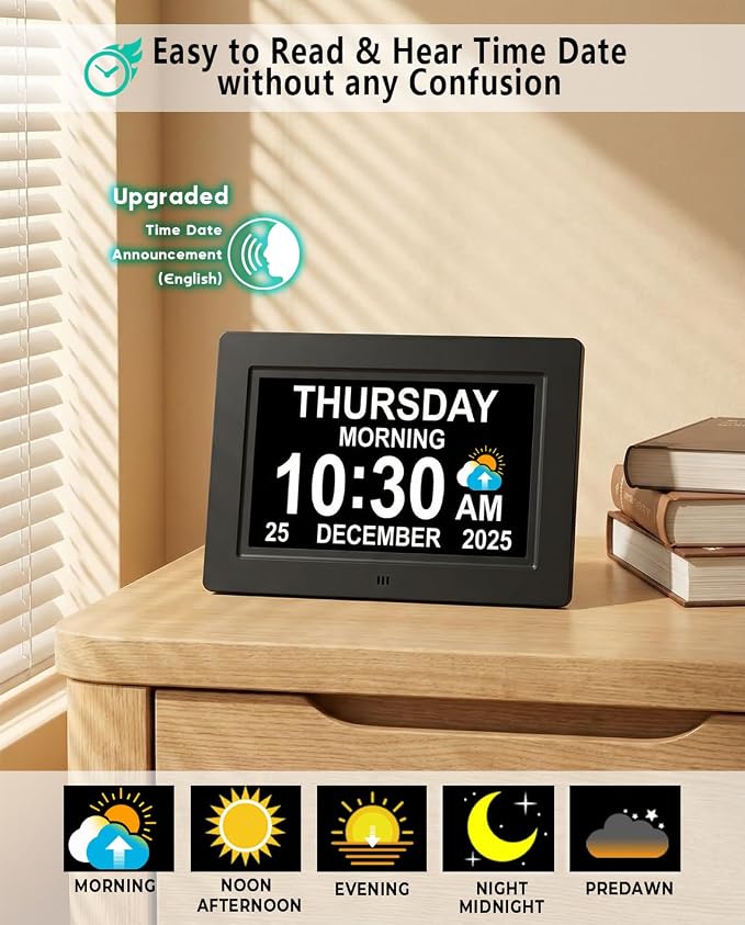 MASSII Dementia Clock with Date Time Voice Announcement, 27 Alarms Custom Reminders, Sleep Trainer, Auto DST, 10 Levels Night Dimmer, Large Talking Digital Calendar Clock for Elderly with 1.5M Adaptor