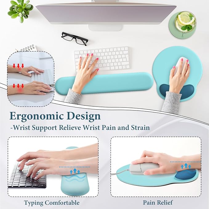 3 in 1 Ergonomic Mouse Pad and Keyboard Wrist Rest with Coaster Set-Blue | Cute Large Mousepad with Gel Wrist Support for Gaming Computer Laptop Women Office Home Desk Decor