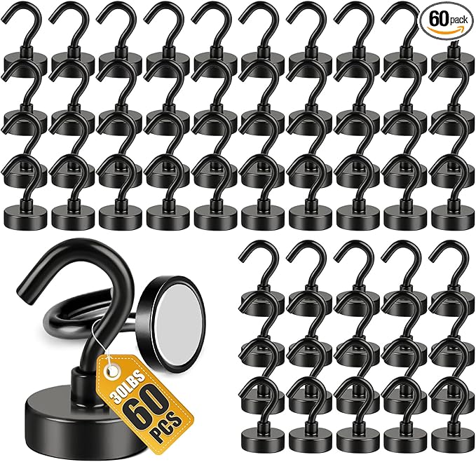 DIYMAG Magnetic Hooks, 30lbs 60pcs Cruise Cabin Essentials Heavy Duty Black | Strong Neodymium Rare Earth Magnets, for Kitchen, Classroom, Beach, Cruise Cabins, Refrigerator, Hanging Key Clothes Wall Hat