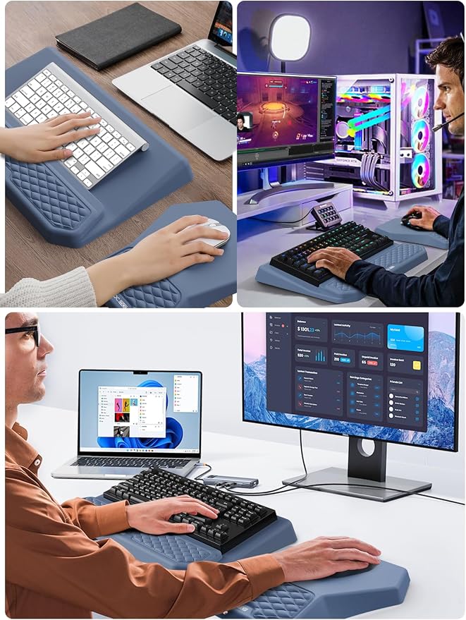 3-in-1 Ergonomic Keyboard Stand with Wrist Rest & Mouse Pad Set, Blue | Comfy Keyboard Riser Holder Soft Mousepad with Massage Design, Memory Foam and Non-Slip PU Base for Pain Relief