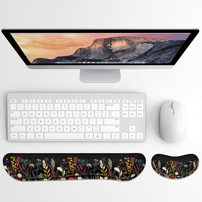 Dapesuom Enlarge Keyboard Wrist Rest, Memory Foam Wrist Cushion for Desk Mats Support, Typing Pain Relief Keyboard Mouse Pad Rests Set with Non-Slip Base for Gaming Laptop Computer, Floral Cartoon