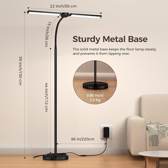 LED Floor Lamp for Living Room,Bright Reading Lamps for Office | 5 Adjustable Colors Temperatures&Brightness, Dual Head Goose-Neck Standing Lamp, Remote Control, Eye Caring Tall Lamp, Black