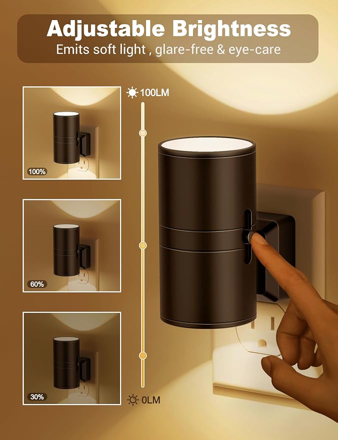 Night Lights Plug into Wall, Dimmable Night Light Plug in, Modern Night Lights with Dusk to Dawn Light Sensor, Soft White 3000K, 0-100LM Adjustable Brightness Nightlight for Hallway Bedroom, 4 Pack