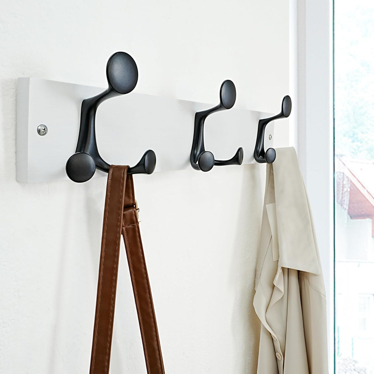 SKOLOO 17-Inch White Wood Coat Rack Wall Mount with 3 Triple Hooks - Ideal for Family Entrances, Classrooms, and Pet Supplies Storage - Perfect Coat Hooks for Wall