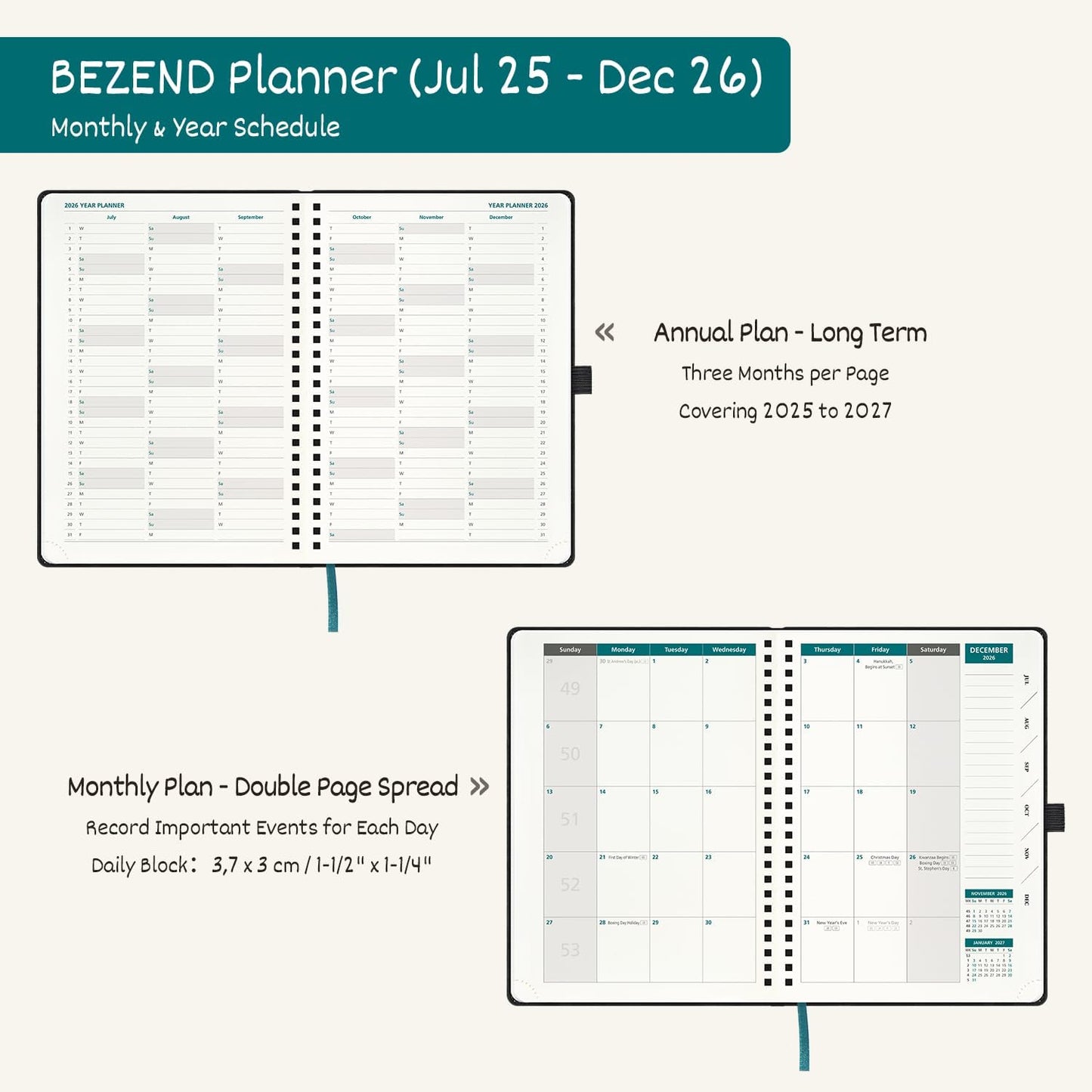 BEZEND Weekly Planner 2025-2026 with 2 Columns, 5.8" x 8.5" Academic Calendar 18 Months (Jul 25-Dec 26) Life Work Appointment Book with Monthly Tab, PU Leather Softcover Spiral - Mustard