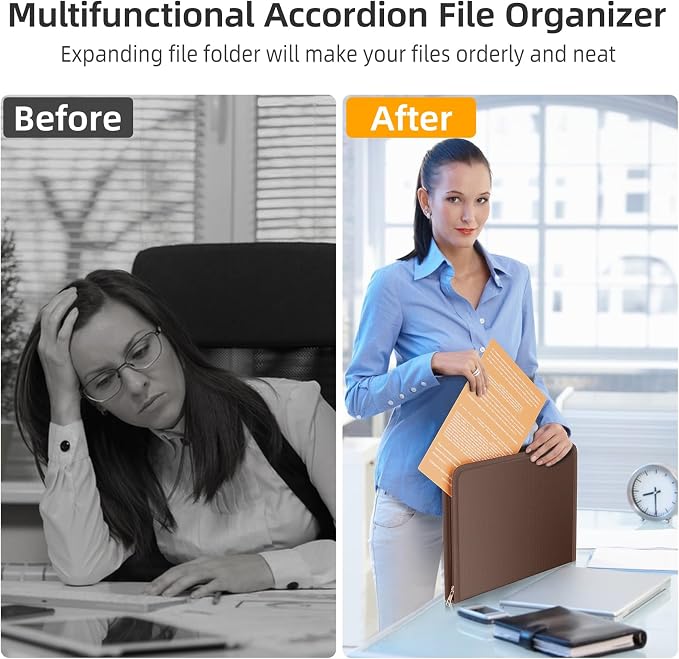Fireproof Accordion File Organizer, Expanding File Folder with 13 Pockets | Portable Document Organizer with Waterproof Zipper & Labels, File Organizer for Important Document/Paper Storage, Brown