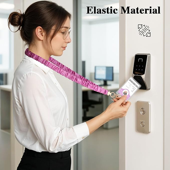 Prudiut Scrunchie Lanyard for Id Badges, Retractable Teacher Lanyards Black Stretchy Scrunchie Lanyard with Id Holder for Women (Purple)
