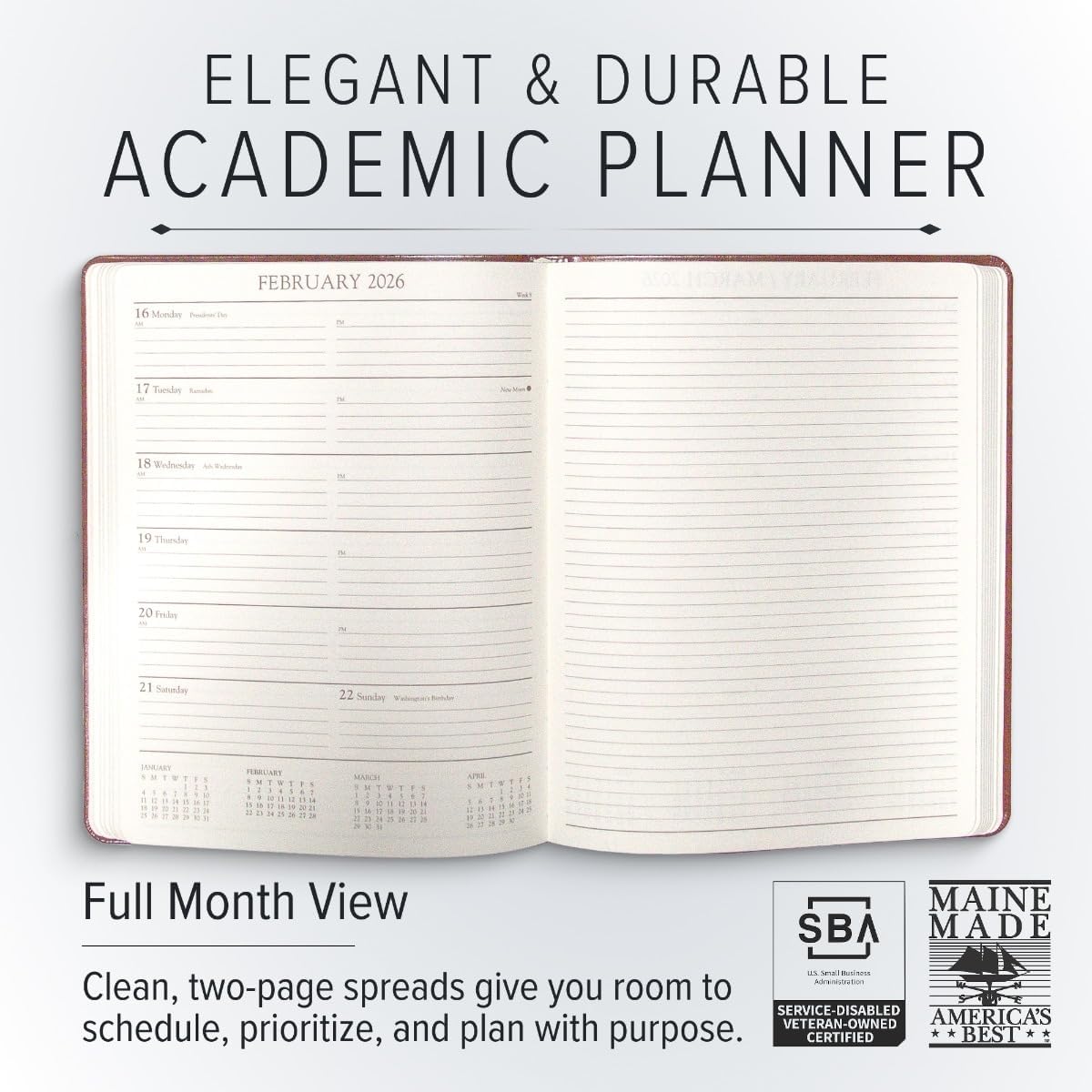 Gallery Leather Academic Planner 2025-2026, Teacher and Student Weekly Monthly Planner, Elegantly Bound Calendar with Gold-Gilded Page Edges, 18 Months - Acadia Burgundy - 9x7"