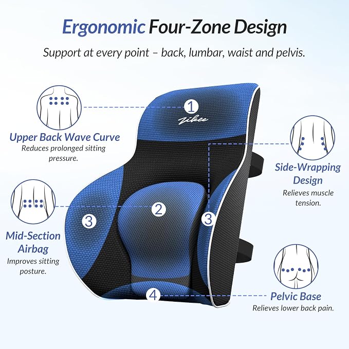 ZIKEE Lumbar Support Pillow with Adjustable Airbag for Back Pain Relief | Ergonomic Memory Foam Back Support Pillow, Provides Comfortable Support & Improves Posture, Fits Office Chair, Car Seat, Home