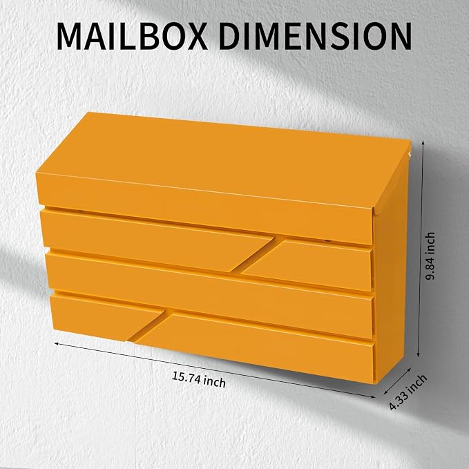 Wall Mount Mailbox for House Outside, Large Capacity Mailbox Drop Box, Galvanized Steel and Rust-Proof Metal Post Box, 15.74"x9.84"x4.33", Yellow