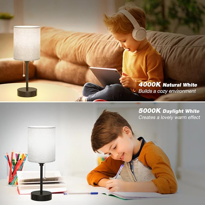 Small Bedside Table Lamp for Bedroom - Desk Lamp with USB Ports for Dorm | USB A+C Ports, AC Outlet, 3 Color Temperatures, LED Bulb Included, Grey Fabric Shade, Matte Black Base, 14" Night Stand Lamp
