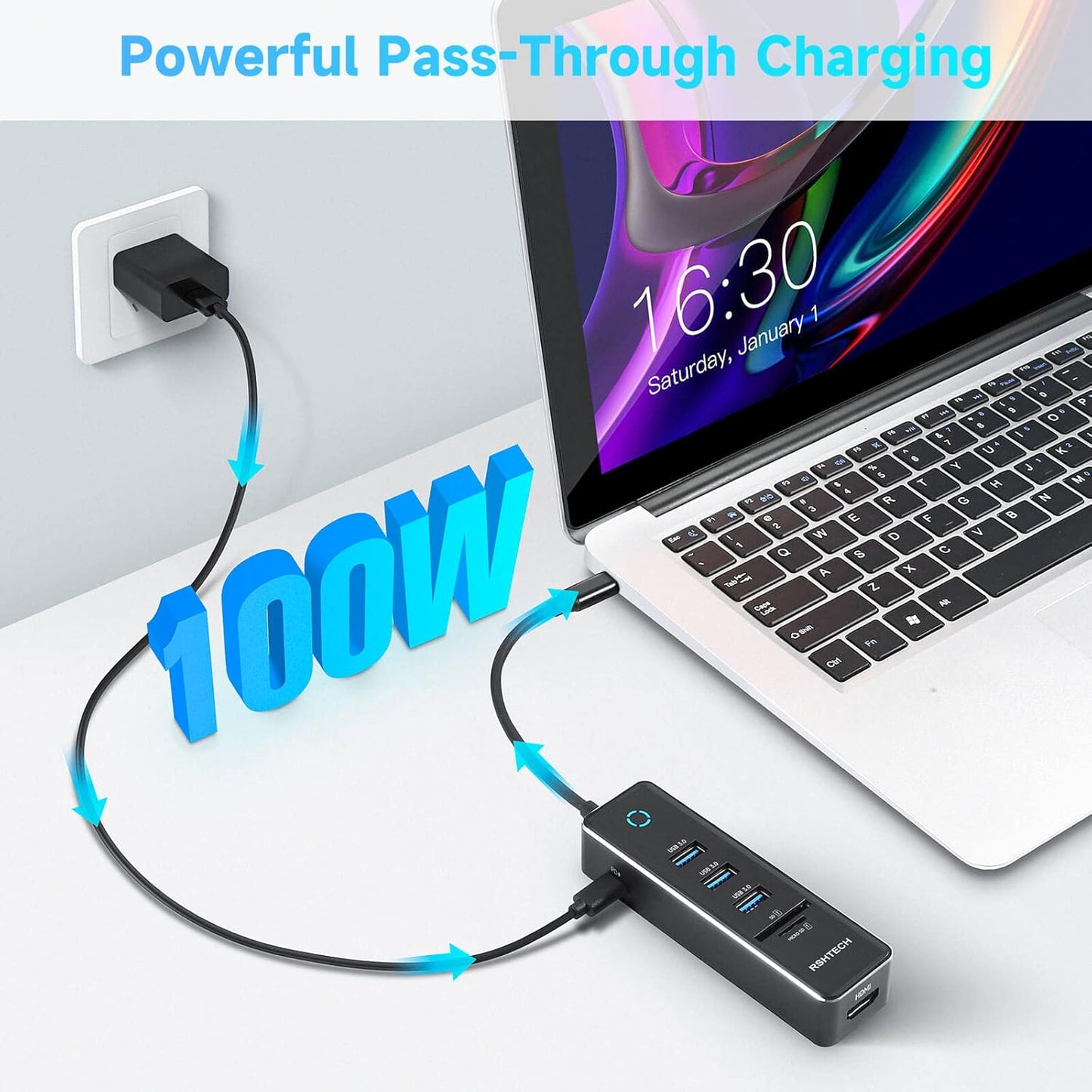 RSHTECH USB C Hub Dongle Adapter with 4K HDMI, 3 USB 3.0 Data Port, 100W Power Delivery, SD/TF Card Reader, Aluminum USB-C/Thunderbolt 3 Hub Dock for PC and Laptop, RSH-T16