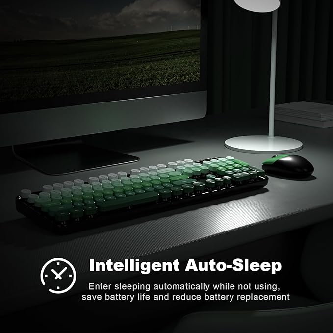 MOFII Wireless Keyboard and Mouse Combo, Full Size 2.4G Plug and Play Typewriter Retro Round Computer Keyboard and Mouse Set for Windows, Computer, Desktop, PC, Notebook - (Black Green Gradient)