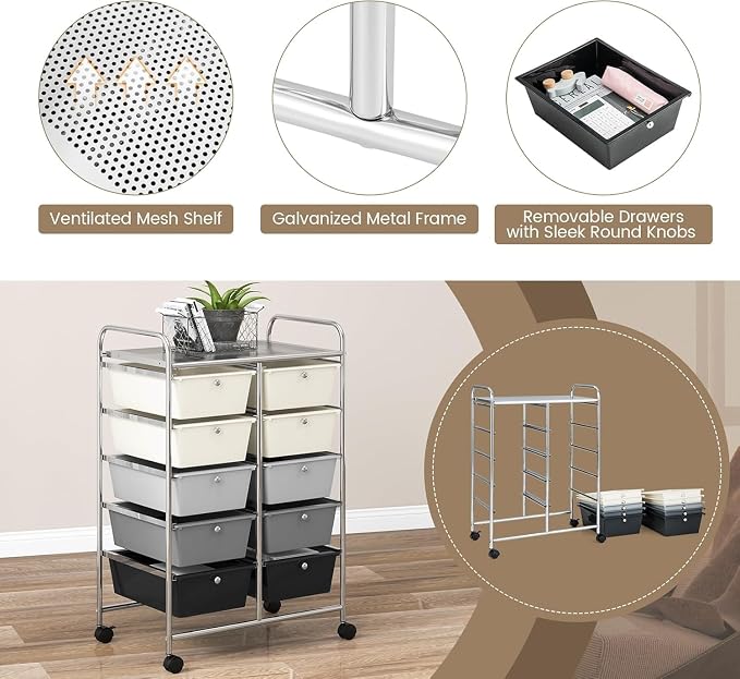 10 Drawer Rolling Cart, Storage Cart Organizer on Wheels, Drawer Cart with Metal Frame & Large Storage Capacity, Rolling Cart with Drawers for Living Room Classroom, Office