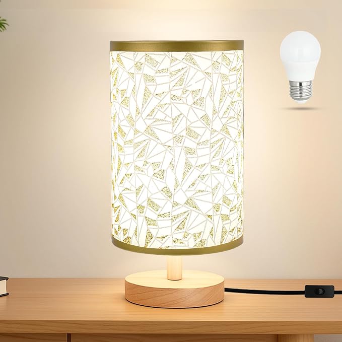 Desk Lamp LED Bulb Included, Small Bedside Table Lamp Plug-in - Classic Wood Base with Flaxen Fabric Shade, Lamps for Night Stands, Simple Nightstand Light for Bedroom, Office, Desk
