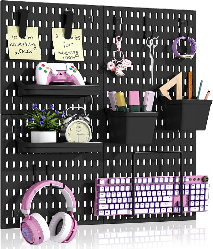 AKTOP Plastic Peg Board Wall Organizer 4-Pack, 12"x12" Pegboard Kit, Black | Includes 13 Accessories, Adhesive or Drill Mounting, Superior Load Capacity, Ideal for Office, Gaming Room, Craft Room