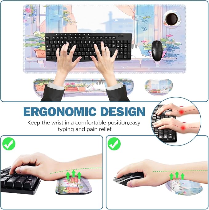 ToLuLu Extended Gaming Mouse Pad, Ergonomic Keyboard Mouse Wrist Rest Set | Large Desk Mat with Stitched Edges, Non-Slip Base Memory Foam Support Mousepad for Home Office and Game, Purple Cute Cat