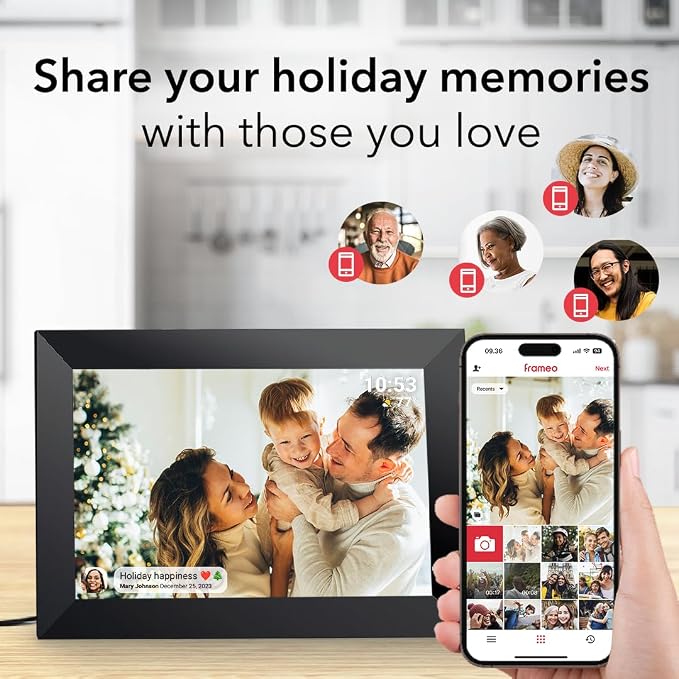 10.1Inch WiFi Digital Picture Frame IPS Touch Screen HD Disply,Video Clips and Slide Show,Auto-Rotate, Wall Mountable,Send Photos Instantly from Anywhere with via Frameo APP (10.1 INCH)