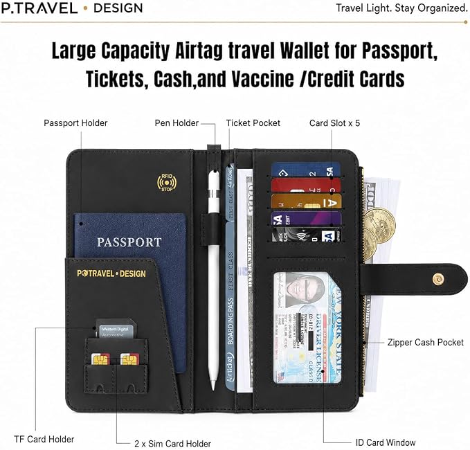 Passport Holder for Travel,Leather Passport Wallet,Travel Document Organizer with AirTag Slot,RFID Blocking With Credit Cards Case,Zippered Coins Pocket and Cash Slot for Women Men
