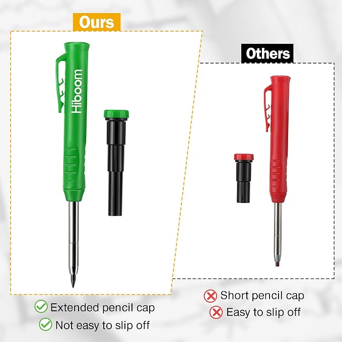 Hiboom Mechanical Carpenter Pencil with 7 Leads, Deep Hole Marker, Green | Built-In Sharpener, Long Nose Construction Pencil, Pocket Clip Design, Woodworking Tools, Marks on Various Surfaces