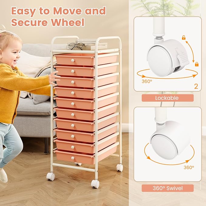 GLACER 10 Drawers Rolling Cart, Storage Cart with w/Removable Drawers & Steel Frame, Utility Mobile Trolley w/Universal Casters & 2 Brakes, Organizer Cart for Home, School, Office (Peach Fuzz)