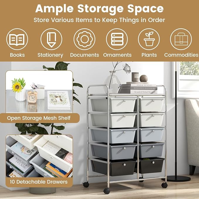 10 Drawer Rolling Cart, Storage Cart Organizer on Wheels, Drawer Cart with Metal Frame & Large Storage Capacity, Rolling Cart with Drawers for Living Room Classroom, Office