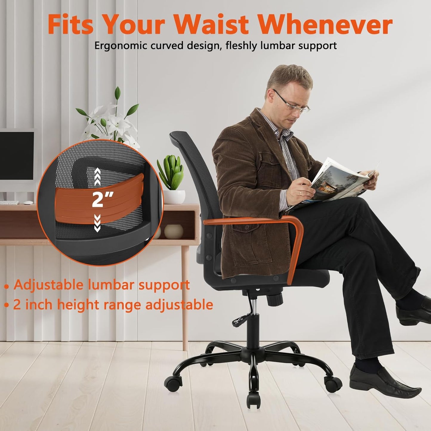 CLATINA Office Chair, Mid Back Ergonomic Desk Chairs Rolling Mesh Computer Chair with Executive Lumbar Support and Height Adjustable Design for Home Office, Black