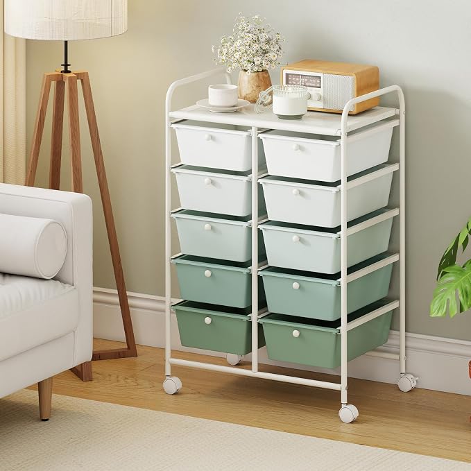 GLACER 10 Drawer Rolling Cart, Storage Cart with Lockable Whieels & Metal Frame, Trolley for Art Craft Oganizer, Mobile Utility Cart for Office, School, Classroom, Kitchen (Green Gradient)