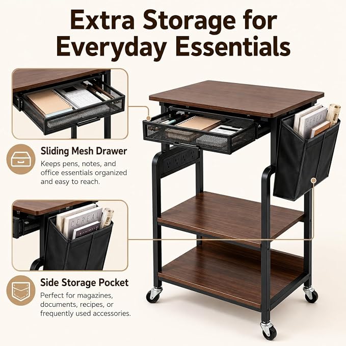Printer Stand, 3-Tier Rolling Printer Cart with Storage Shelf, Drawers | With Power Outlet, Usb-C, Filing Pockets, Table Desk Organizer For Office Home, Printer, Scanner, Fax, microwave ovens
