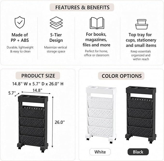 BYFU 5-Tier Movable Bookshelf Cart, 26.0" H, Black | Rolling Wheels, File Paper Storage Organizer, Mobile Bookcase, For Home Office Study Classroom