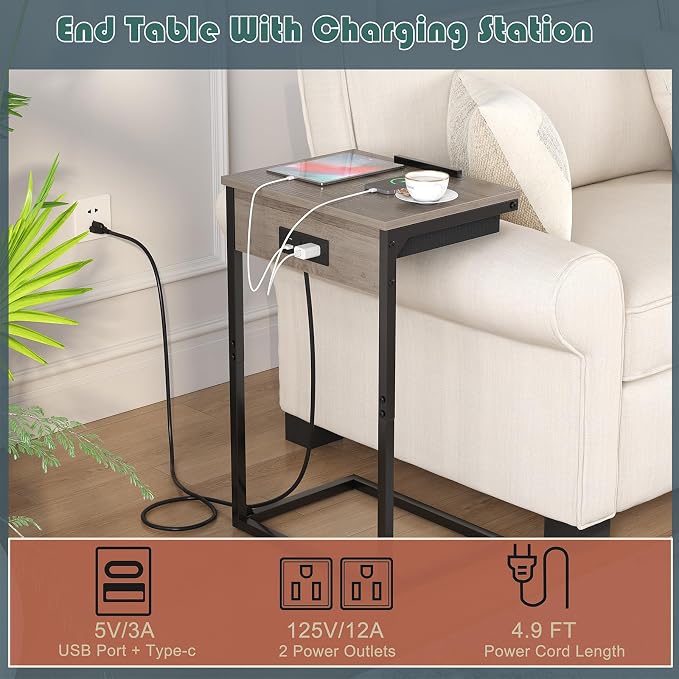 sthmec C Shaped End Table with Charging Station,45° Tiltable Adjustable Flip Top Side Table Set of 2,Small C Table Set 2 for Small Spaces,Slide Under Couch Sofa Bedside Table Living Room,Grey