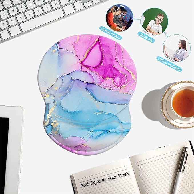 Mouse Pad with Wrist Support, Non Slip Mousepad Wrist Rest for Office, Computer, Laptop & Mac-Comfortable & Lightweight Ergonomic Support Mouse Mat(DL-Pink Blue Marble-3)