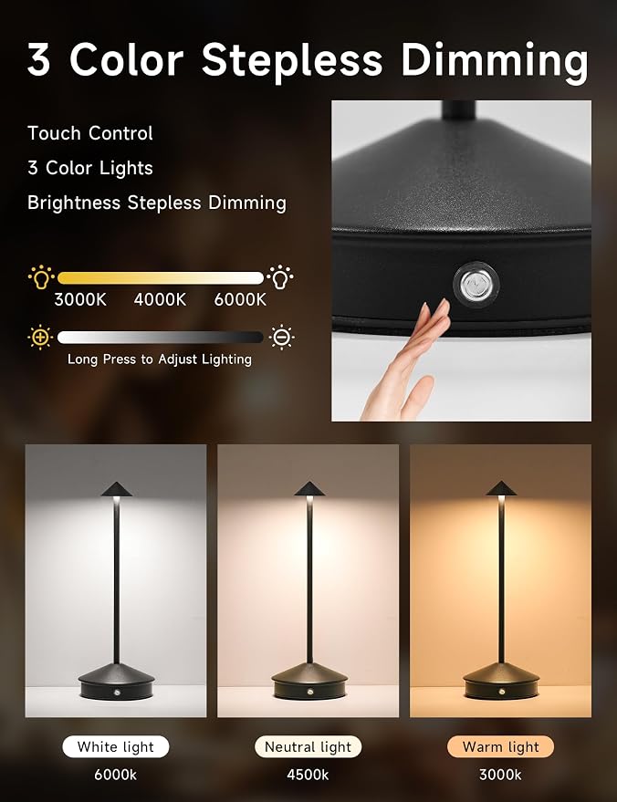 LED Rechargeable Cordless Table Lamps Black | 2 Pcs Portable Modern USB Battery Operated Lights,Waterproof Touch Dimmable Desk Lamp,for Patio,Restaurant,Bar,Dining Home