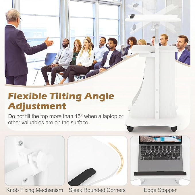 Tangkula Rolling Lectern Podium Stand, Height Adjustable Laptop Table with Tilting Tabletop & Storage Shelves, Compact Standing Desk with Lockable Casters for Home Office School (White)