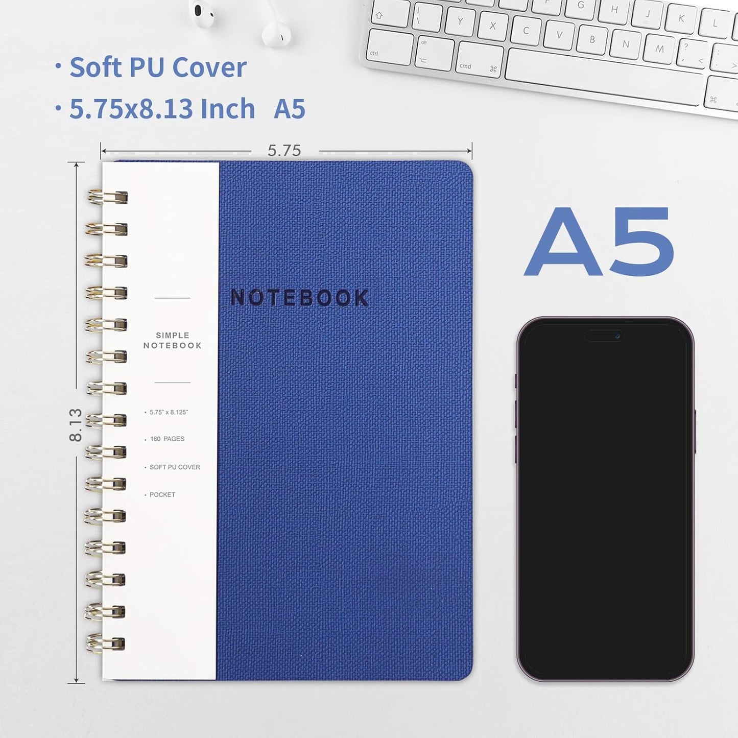 Lined Spiral Notebook College Ruled A5 Journal Book for Note Taking, 160 Pages Writing Journal for Office and Home School Supplies 5.75x8.125 inch (0Navy Blue)