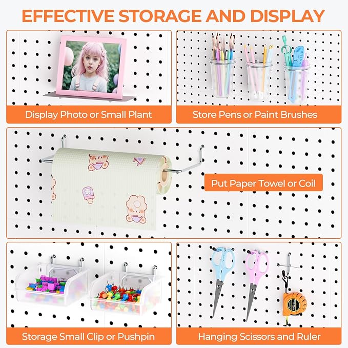 INCLY 70PCS Metal Peg Board Kit with 1/4" Pegboard Accessories | 4 Pack Panels, Bins, Cups and Peg Board Hooks, Paper Towel Holder, Pegboard Wall Organizer, For Craft Room, Office, Sewing