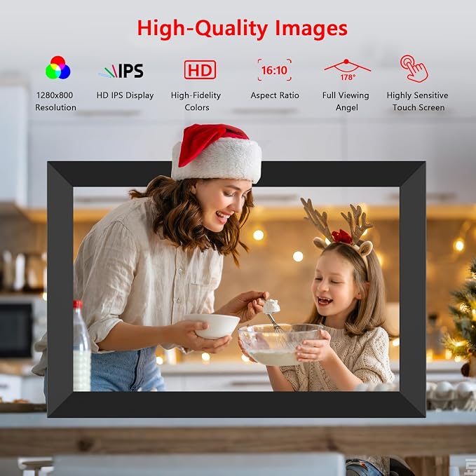 Frameo 10.1 Inch WiFi Digital Photo Frame with Calendar, 32GB Digital Picture Frame with 1280x800 IPS HD Touch Screen, Auto-Rotate Wall Mount, Easy Share Photos/Videos from Phone - Gifts for Mom