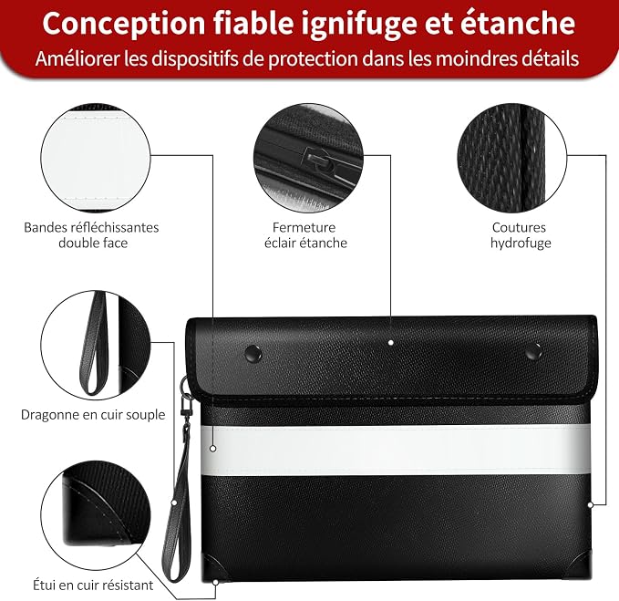Vailoin 6200°F Fireproof Money Bag, 8 Layers of Heat Insulated Materials | Double-sided Reflective Strip, Waterproof Zipper,Certified to SGS UL94 V-1, for Tablet, Cash, A5-sized documents（Black）