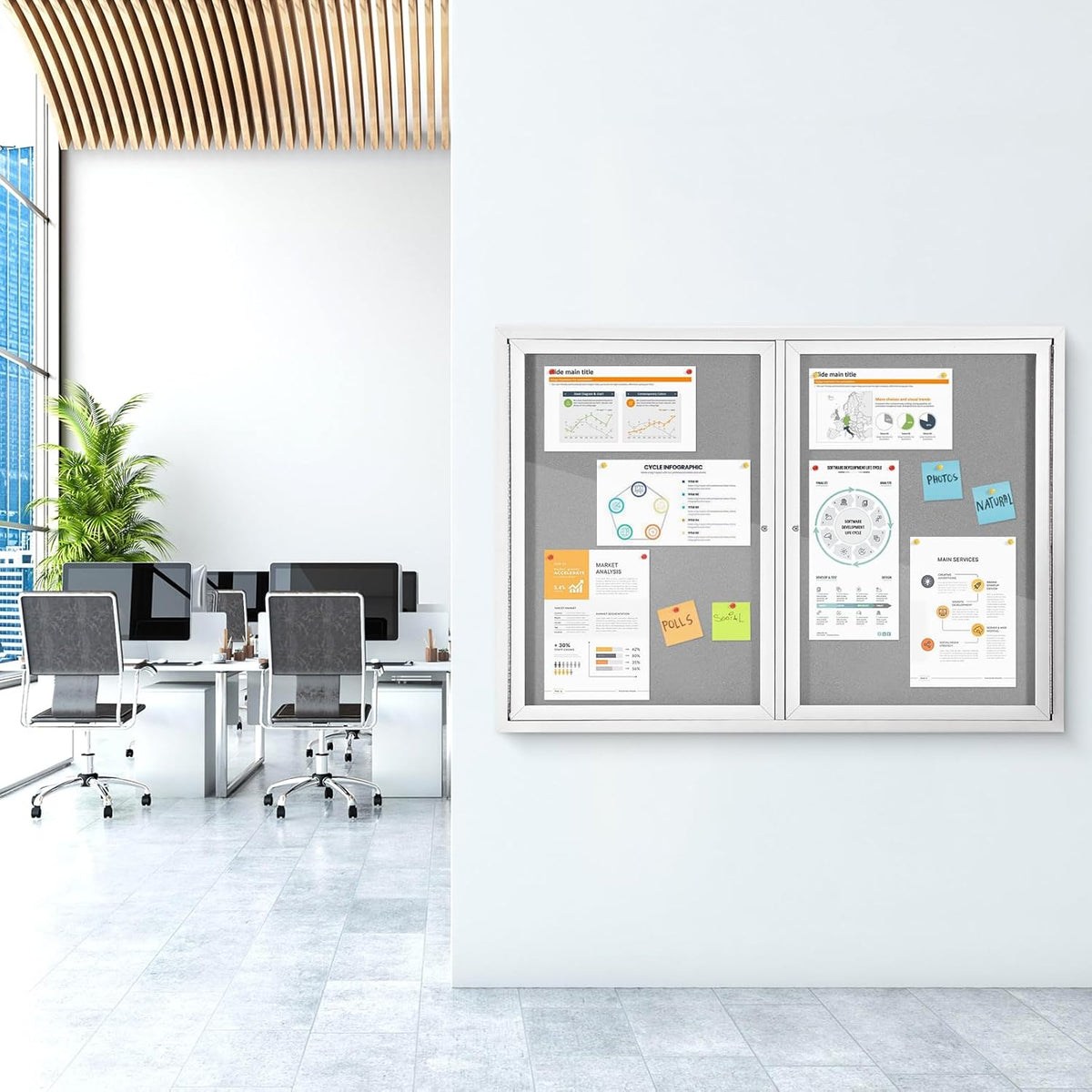 Outdoor Bulletin Board Weatherproof 48x36 in,Enclosed Bulletin Board with Locking Door, Wall Display Case for Office School Home Commercial, Silver Aluminum Frame, Gery Felt