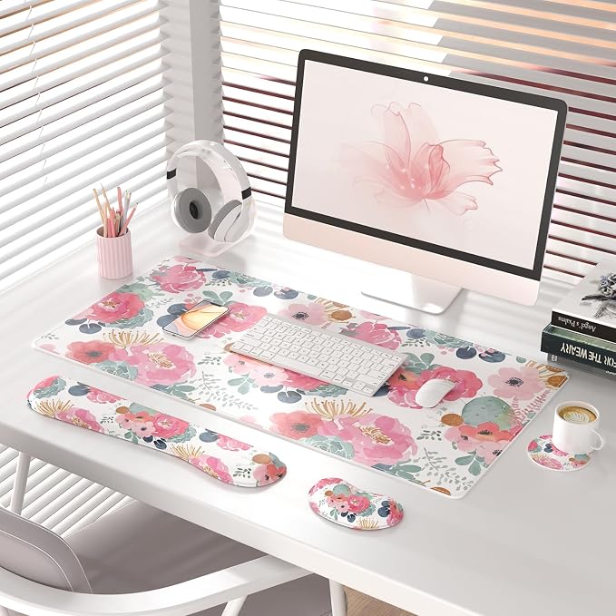 QIYI PU Leather Desk Mat Set, 4-in-1 Ergonomic Wrist Rest, Pink Flowers | Waterproof Large Mouse Pad 31.5×15.7 + Keyboard Wrist Rest + Mouse Wrist Support+Coaster, Non-Slip Office Gaming Accessories