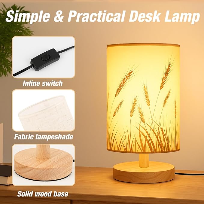 Desk Lamp LED Bulb Included, Small Bedside Table Lamp Plug-in - Classic Wood Base with Flaxen Fabric Shade, Lamps for Night Stands, Simple Nightstand Light for Bedroom, Office, Desk