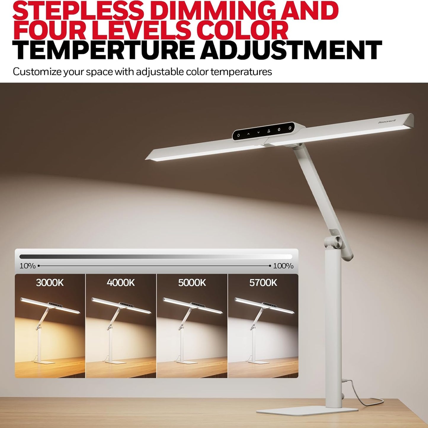 Honeywell LED Desk Lamp with Base - HJ1WT Sunturalux Eye-Caring Architect Desk Lamp for Home Office, 1200LM Computer Desk Light 4 Color Modes Stepless Dimming Task Desk Light with Timer Function White