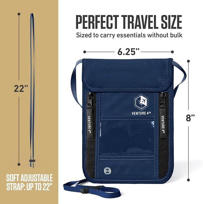 VENTURE 4TH Travel Neck Wallet, RFID Blocking Passport Holder - Navy Blue