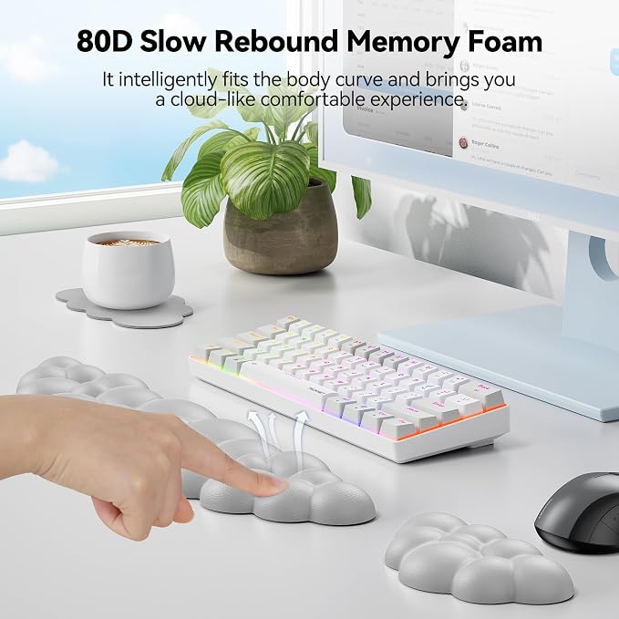 TECKNET Cloud Keyboard Wrist Rest Set, Cloud Wrist Rest with Non-Slip Base, PU Leather Wrist Pad for Keyboard with Ergonomic Memory Foam for Computer Laptop Office Gaming and Pain Relief, Grey