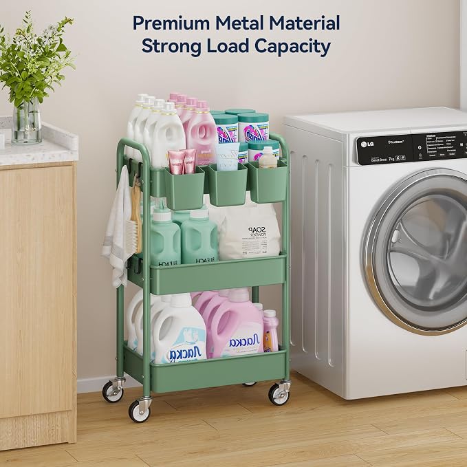3-Tier Rolling Cart, Green, 66 Pounds Capacity, Mesh Storage Organizer with Lockable Wheels, 3 Hanging Cups, 4 Hooks, Easy Assembly, for Kitchen, Bathroom, Laundry, Grocery | Sturdy Rolling Storage Cart With Hooks & Hanging Cups, Great For Craft, Art W...