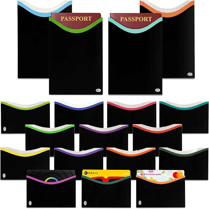 RFID Blocking Sleeves for Credit Cards & Passport (14 Long Side Card & 4 Passport Sleeves) RFID Card Holder and Protector Sleeve for Credit, Passport Identity Theft Protection Travel Wallet Slim