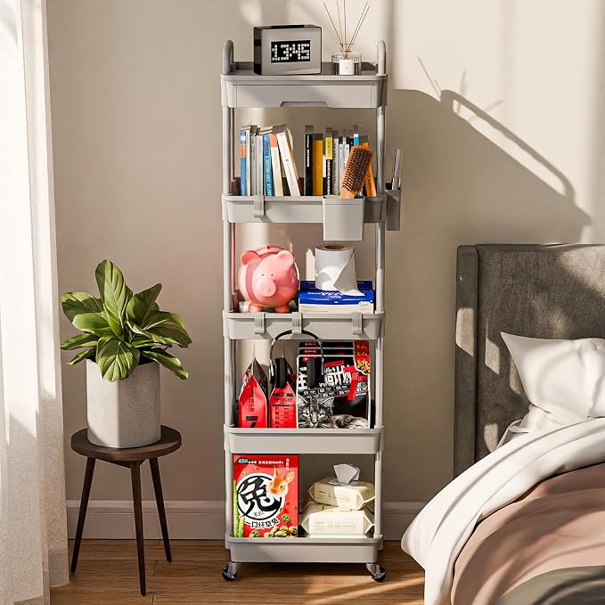 Sorgion 5 Tier Rolling Cart Organizer,Bathroom Cart Organizers with Wheels Laundry Room Organization Mobile Shelving Unit Utility Cart Storage Shelves Multi-Functional for Office, Home(Grey)