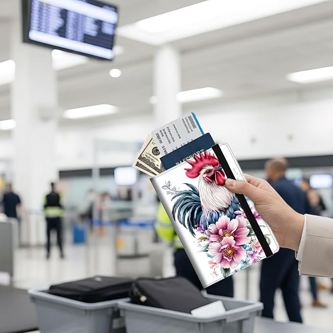 Passport Holder Wallet Cover Case,RFID Blocking Passport Cover,Large Capacity Travel Wallet with Multi Card Slots (Funny Rooster Flower)